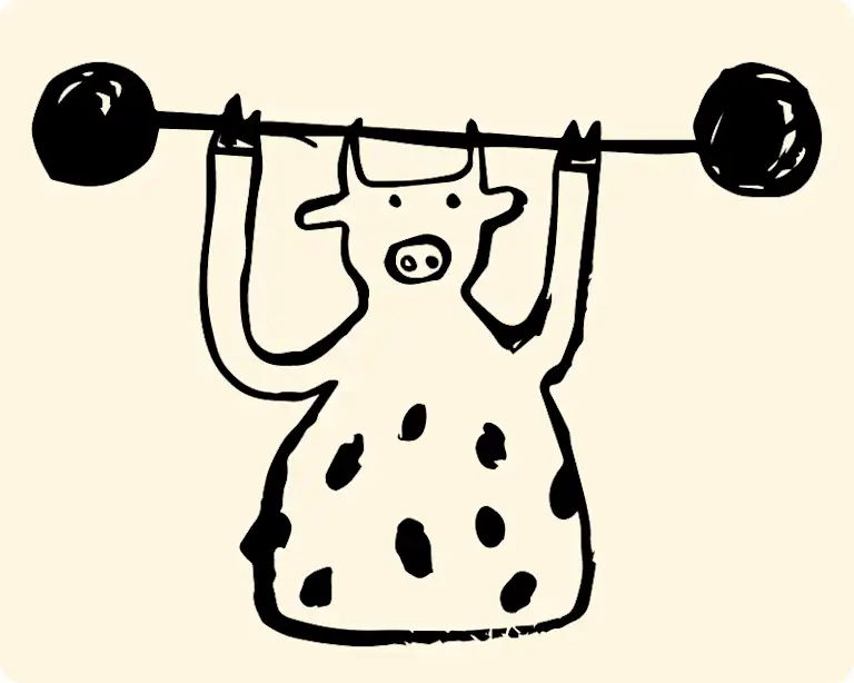 Illustrated cow lifting a barbell