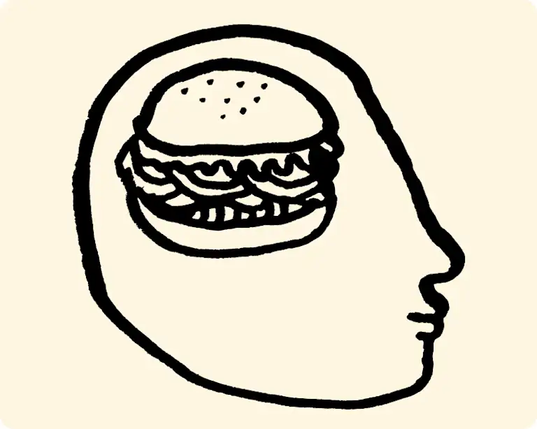Illustrated person thinking of burgers