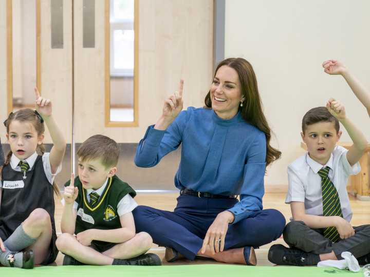 The Duchess of Cambridge interacts with children at St.John's Primary School Port Glasgow