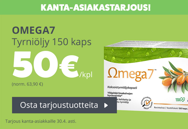 Huhtikuun tasarahatarjous | Omega7 tyrniöljy 150 kaps 50 €/kpl