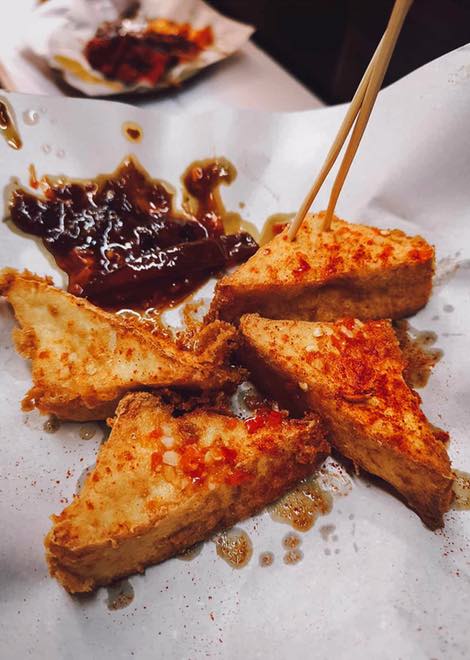 Mouth watering fried tofu with a spicy sauce