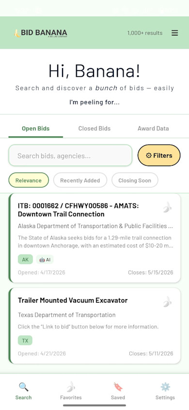 Bid Banana Mobile App Screenshot: Search Open Bids