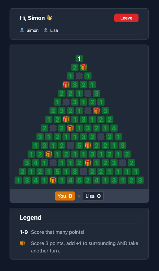 An image of the Christmas Tree game in the dark theme