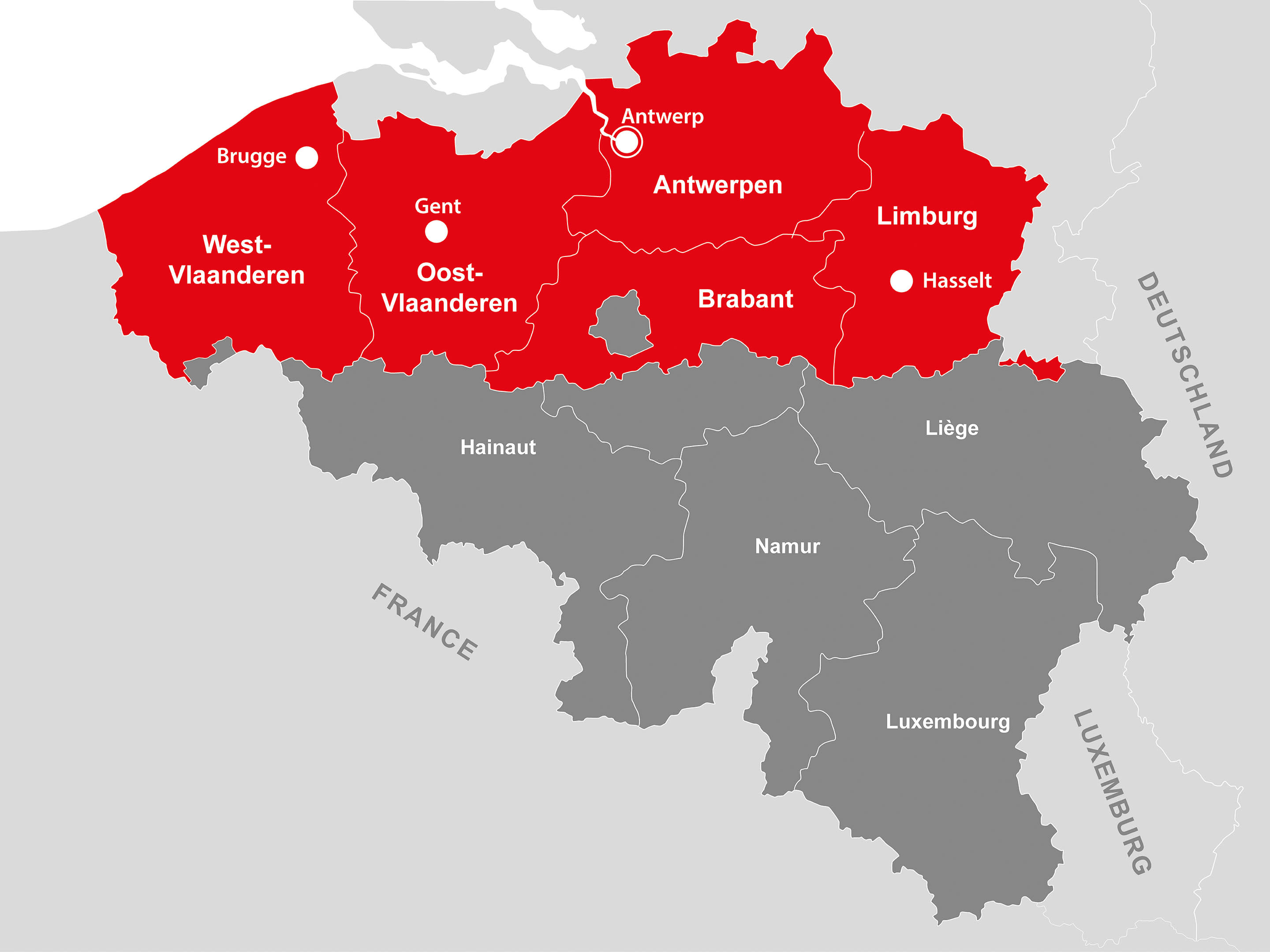 Picture: Map of Belgium with our area of expertise coloured in red. 