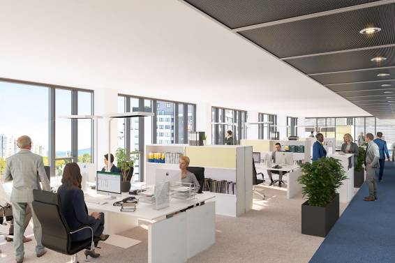 Image: Group office with white office furniture, floor-to-ceiling windows and people