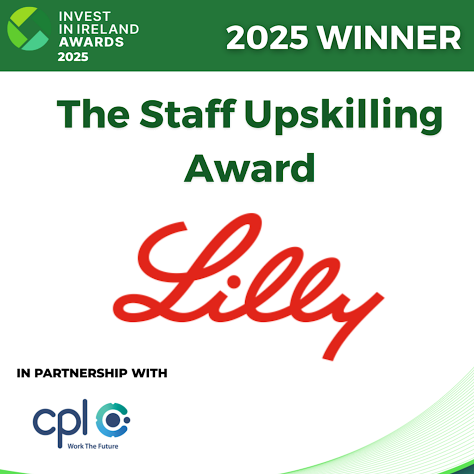 The top has a green background which includes 'Invest in Ireland Awards 2025' logo and '2025 WINNER' in white font. The rest of the certificate has a white background with green font that reads: 'The Staff Upskilling Award' with the red Lilly logo and blue font which reads: 'In partnership with' with the cpl logo.