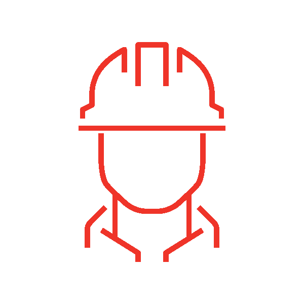 Red icon of a person wearing a hard hat.