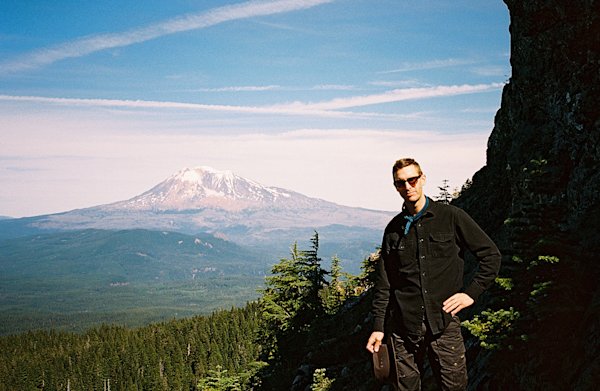 The author posing with Mount Adams (12,280 ft) looking east from Lemei Rock (5,927 ft)