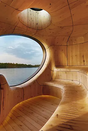 Tour a Sculptural Cedar Sauna On the Rugged Shores of Lake Huron