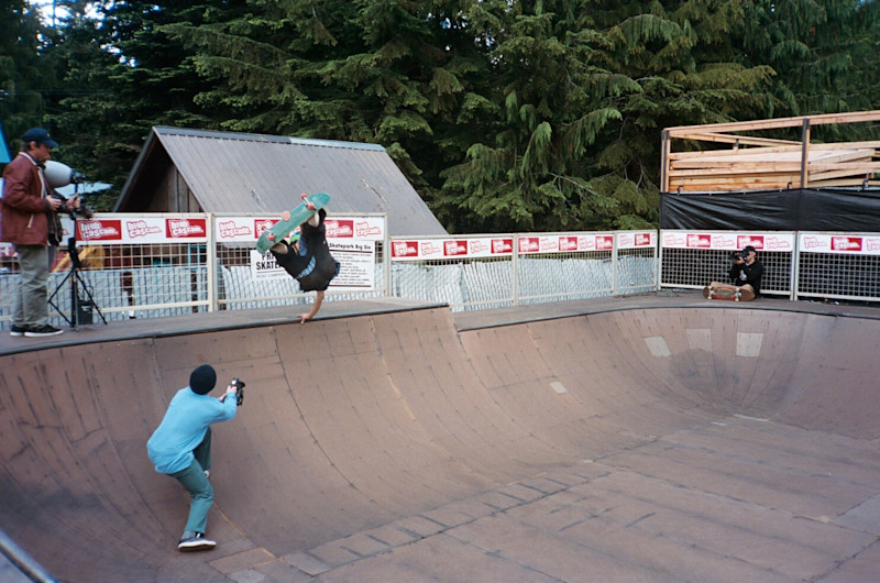 Mike Rav performs for the cameras at HCSC skatepark in Government Camp