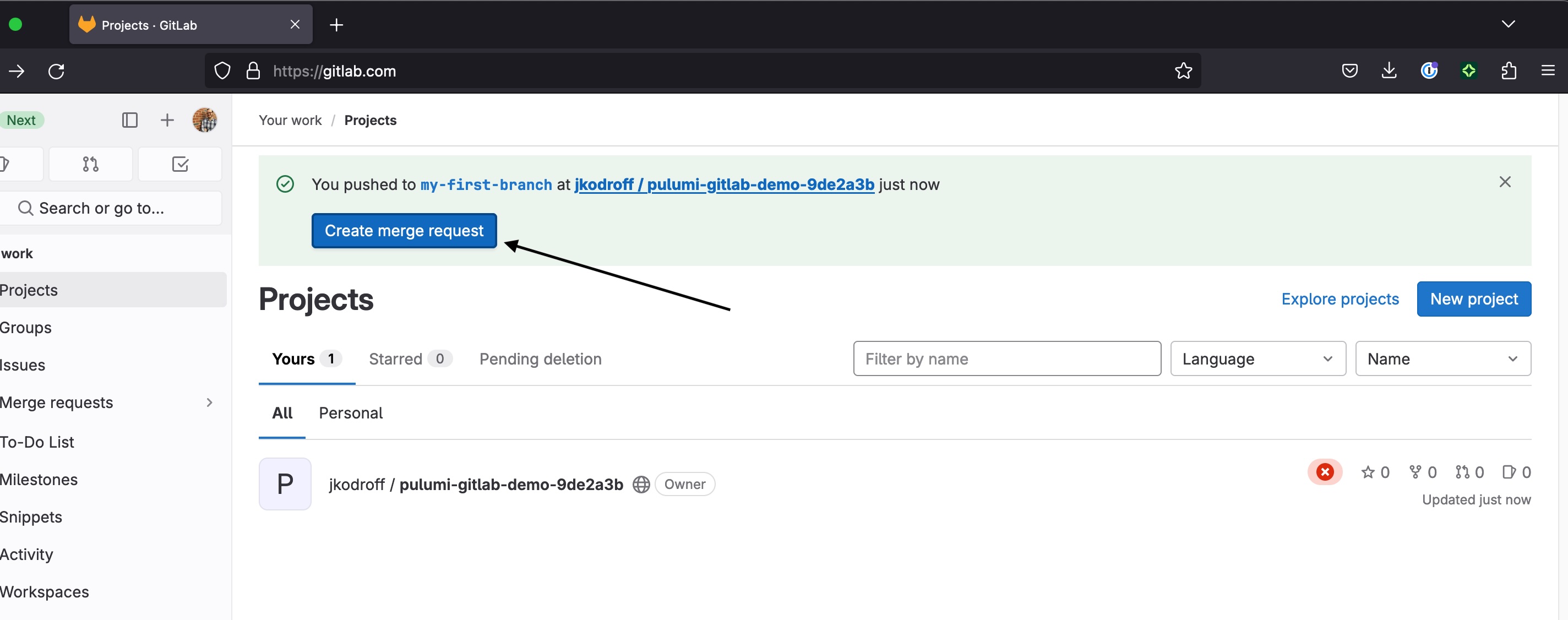 Screenshot demonstrating opening a GitLab Merge Request
