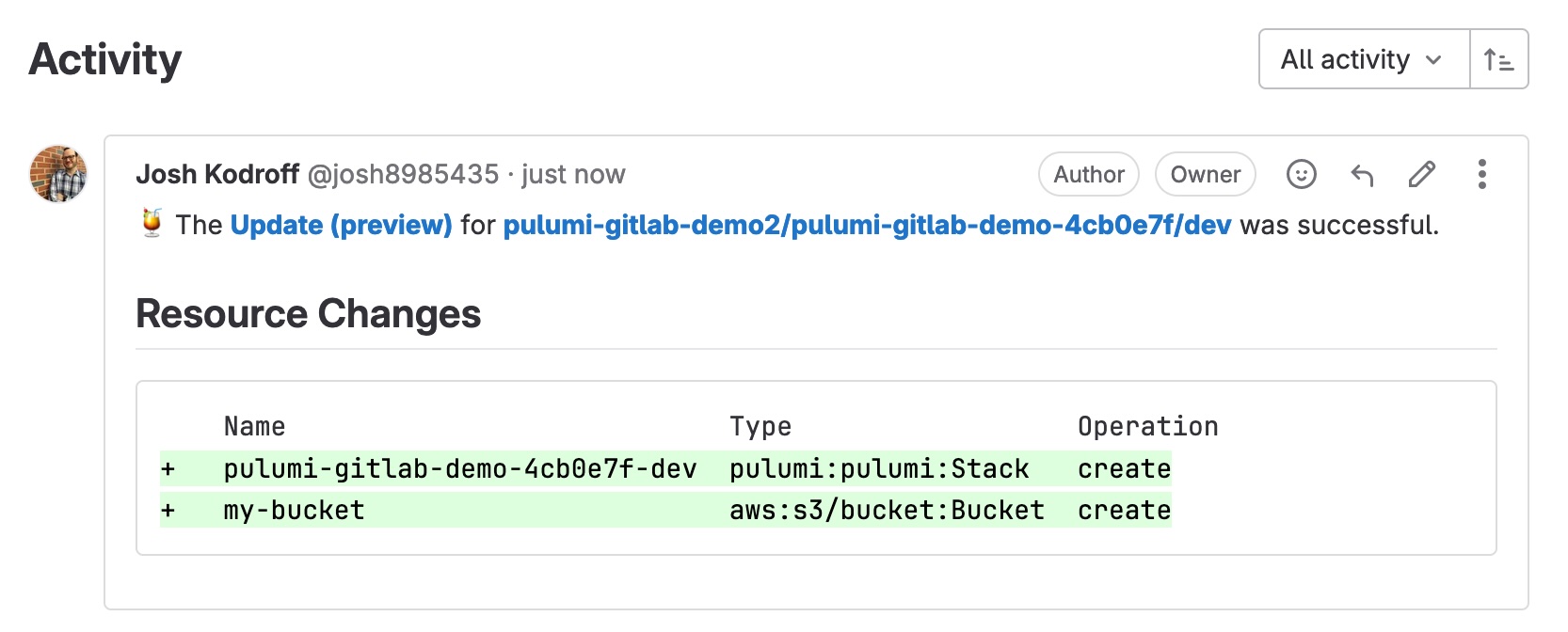 Screenshot of the GitLab Merge Request screen showing the output of the "pulumi preview" command as a comment