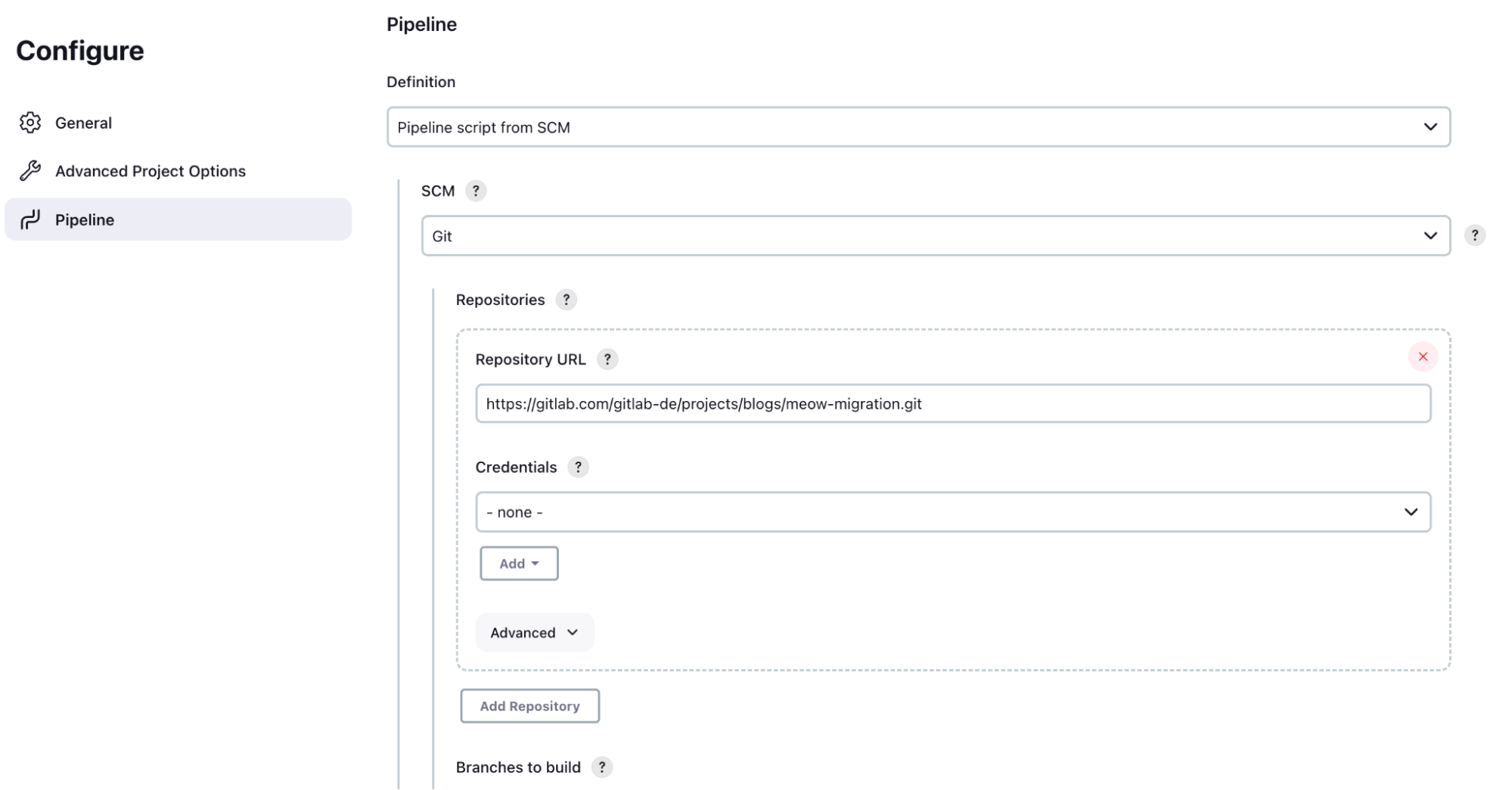 Jenkins Pipeline SCM settings