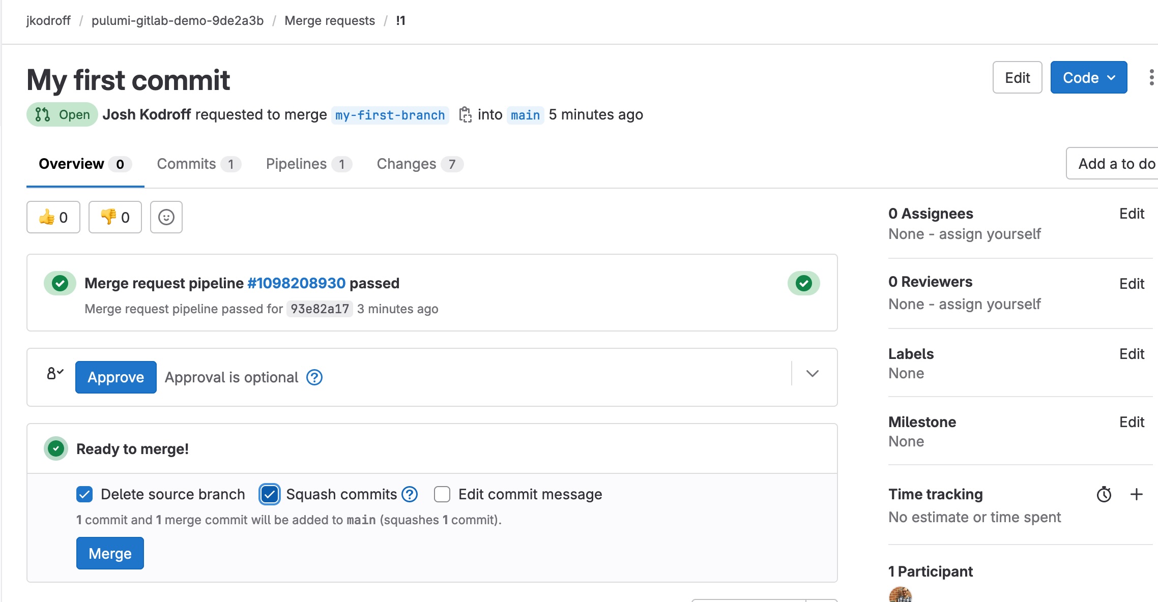 Screenshot of the GitLab Merge Request screen showing a successfully completed pipeline