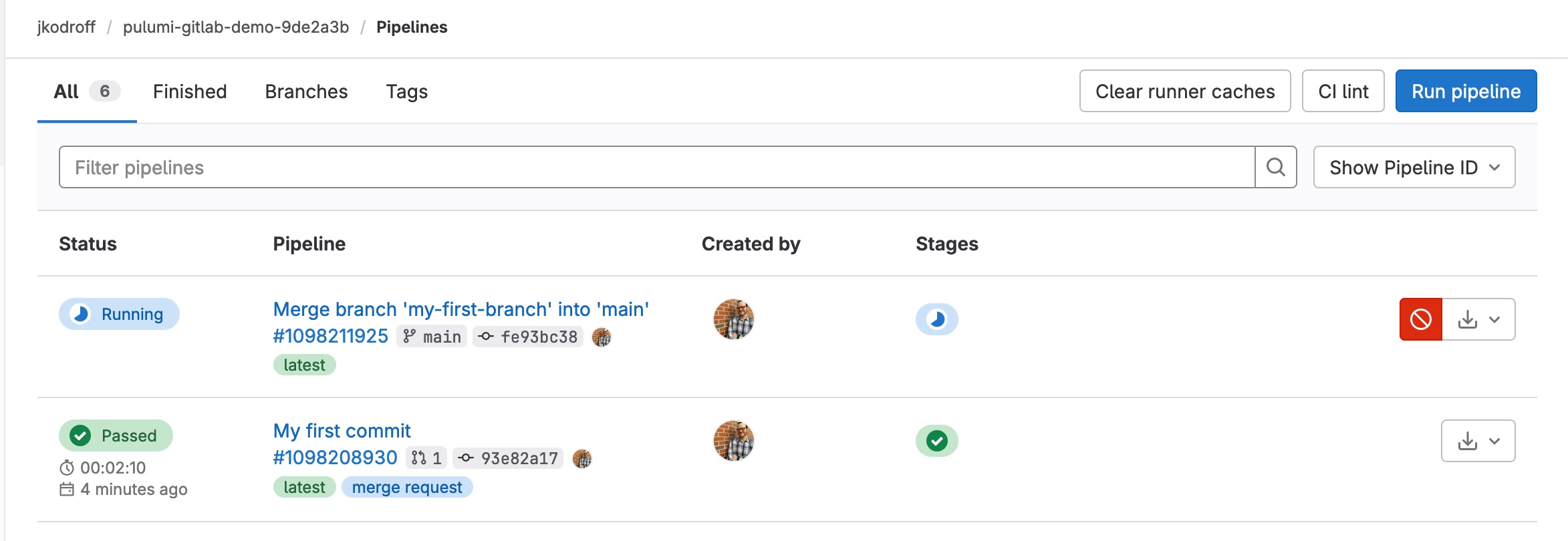 Screenshot of the GitLab pipelines screen showing a running pipeline along with a passed pipelines