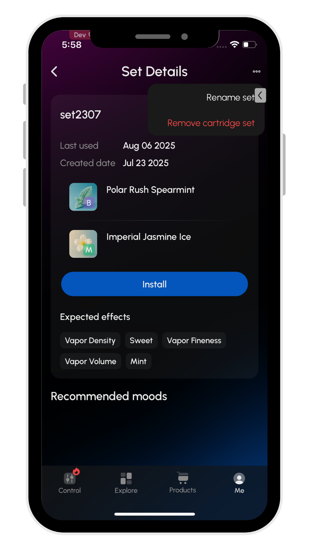 Three-dot menu manage cartridge set