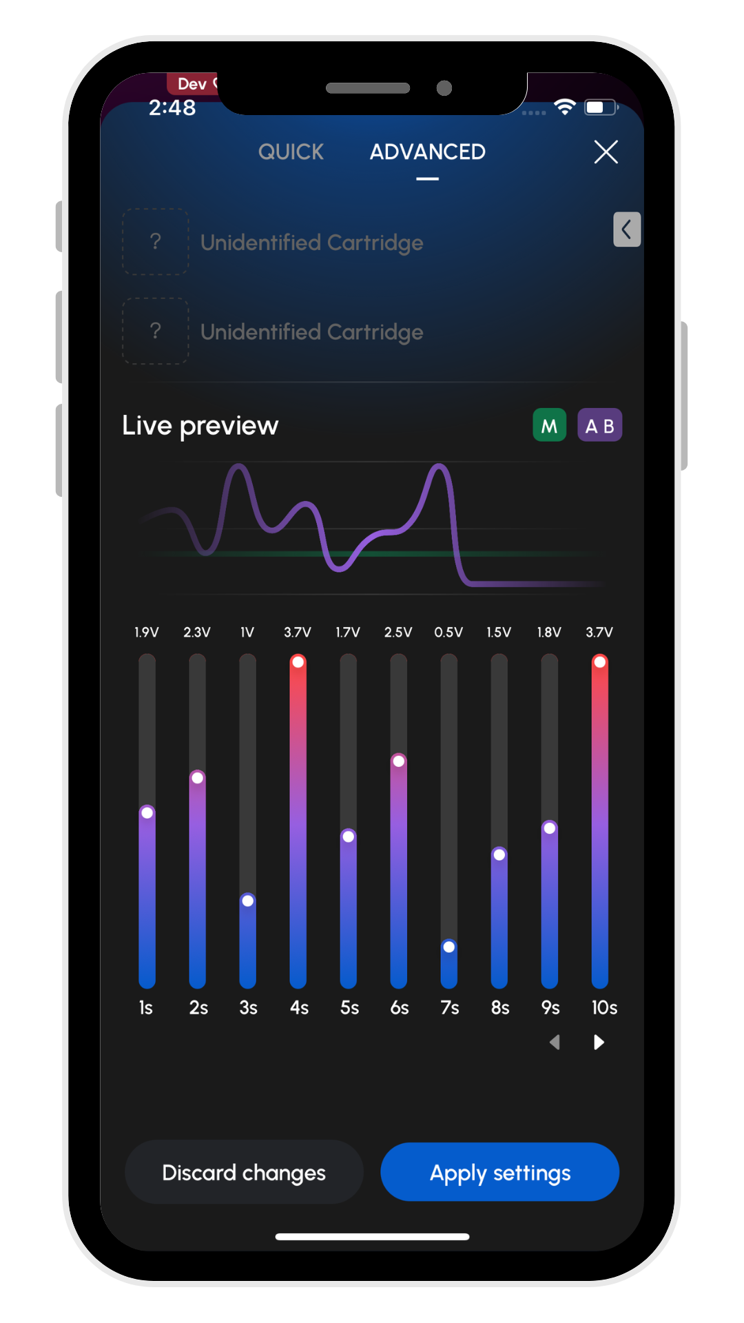 Adjust sliders voltage seconds