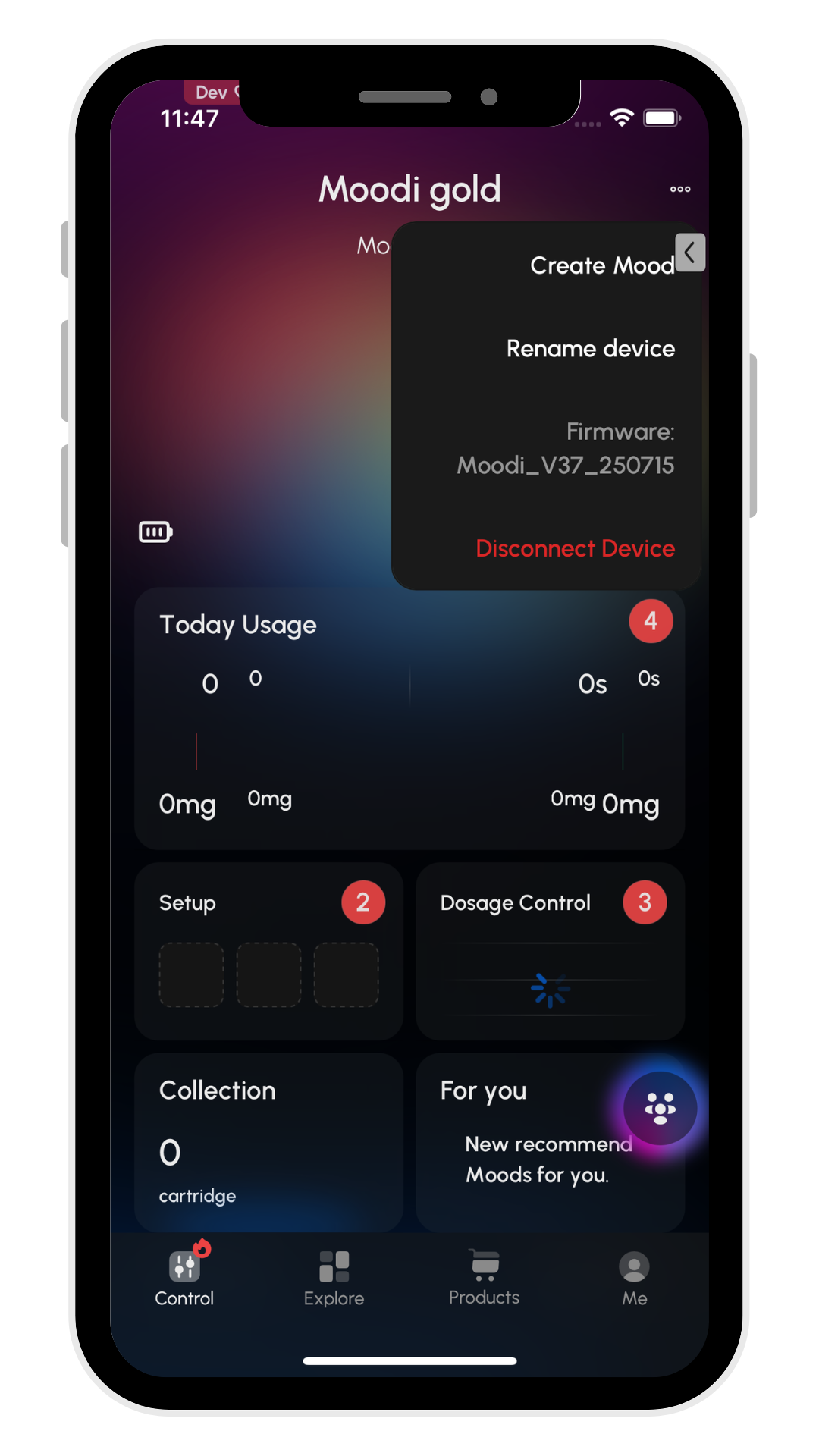 Three-dot menu including Disconnect Device
