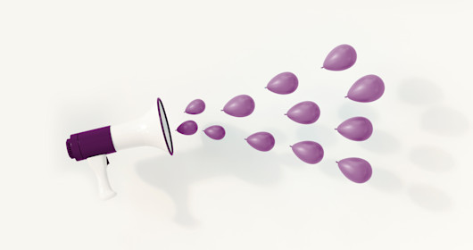 purple and white megaphone with purple balloons soundwaves