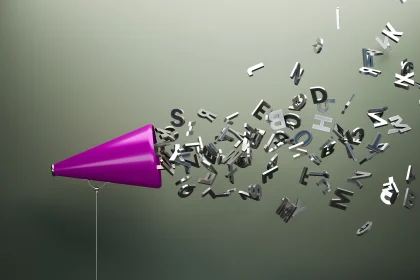 purple megaphone with silver alphabet letters coming out
