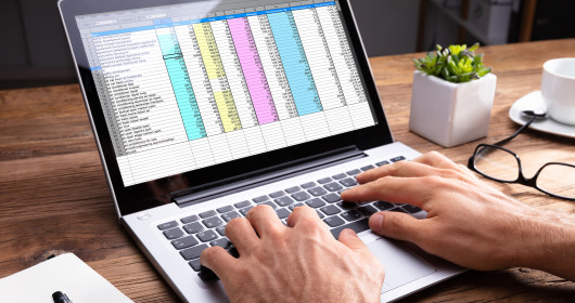 person's hands typing in a spreadsheet on a laptop computer