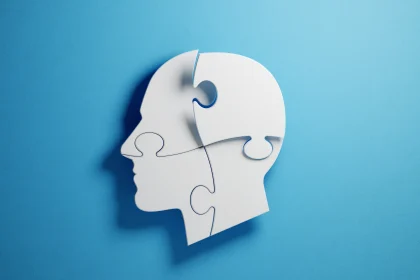 White Jigsaw Puzzle Pieces Forming A Human Head Shape On Blue Background