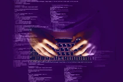 Illustration of hands typing on a keyboard appearing on top of computer code.