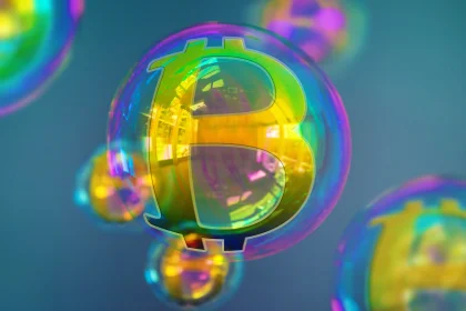 Bitcoin symbol inside a colorful bubble