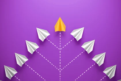 Purple background with paper airplanes flying in different directions