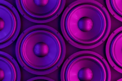 close up of purple speakers