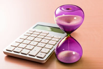 calculator and purple hourgalss