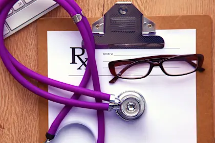 stethoscope and eye glasses sitting on wooden clip board with prescription pad