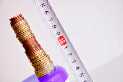 measuring tape beside a stack of coins