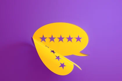 Yellow chat icon with purple starts on purple background