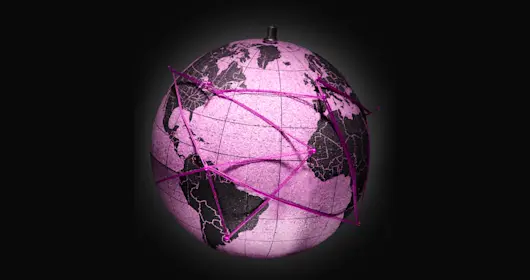 threads connecting locations on a world globe