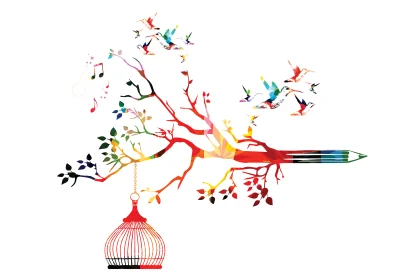 Illustration of a pencil shaped tree and hummingbirds