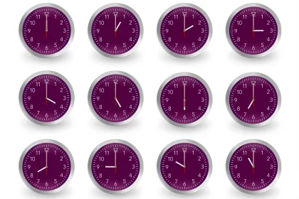 Twelve purple clocks