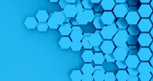 Blue hexagon six-sided polygon symbols on blue background 