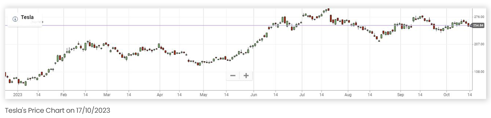 TESLA PRICE CHART SINCE THE BEGINNING OF 2023 UP TILL 17102023