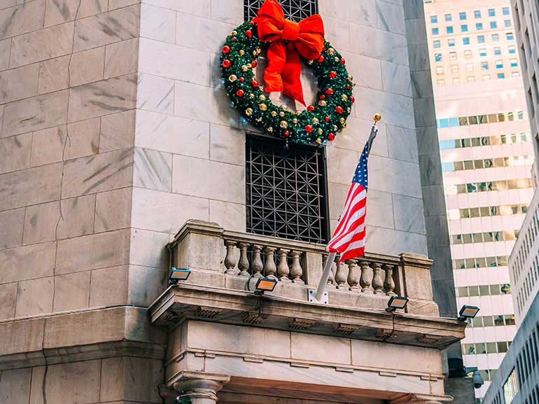 Decorative Christmas wreath on a Stock exchange building
