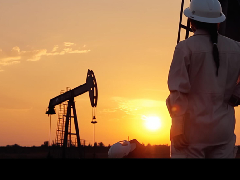Un trabajador observa una bomba de petróleo durante el atardecer