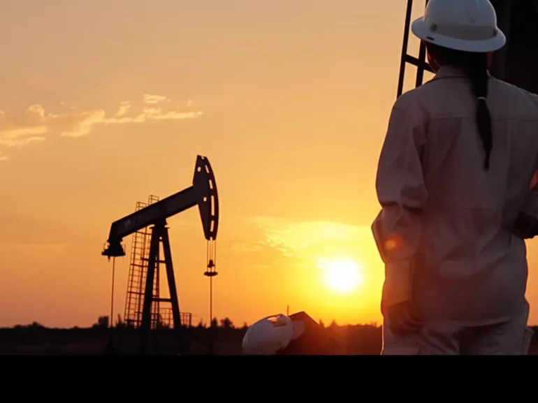 Worker observing an oil pump during sunset