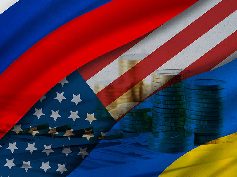 Image of the Russian and Ukrainian flags on top of the US flag