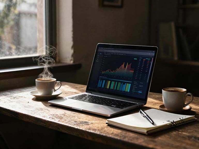 Laptop, auf dem Finanzdiagramme angezeigt werden, mit Kaffee und Notizbuch