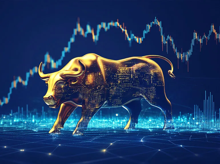 3D illustration of a bull on the background of a technical financial graph
