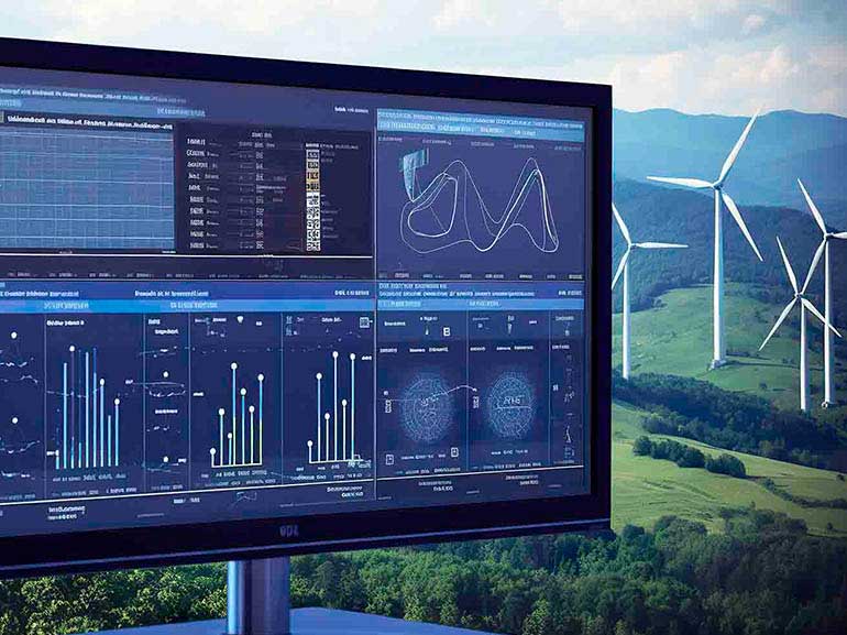 Monitor zur Darstellung von Daten über erneuerbare Energien mit Windrädern und einer Naturlandschaft im Hintergrund