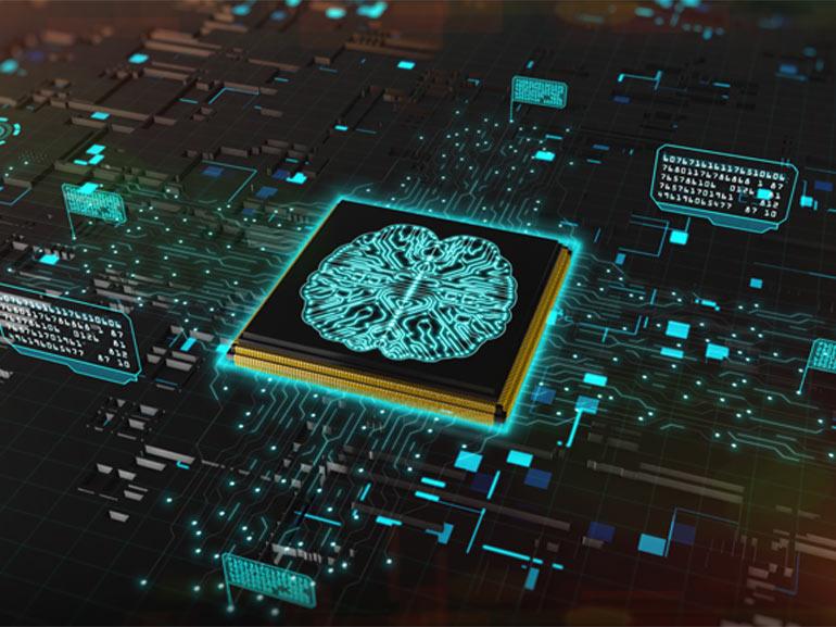 Digital image of a computer chip on a circuit board