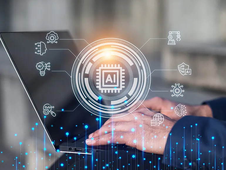Digital art of AI on a background of a person using a laptop