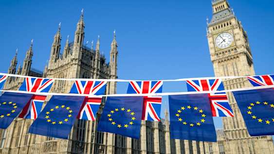 Big Ben, Houses of Parliament, with UK and EU bunting