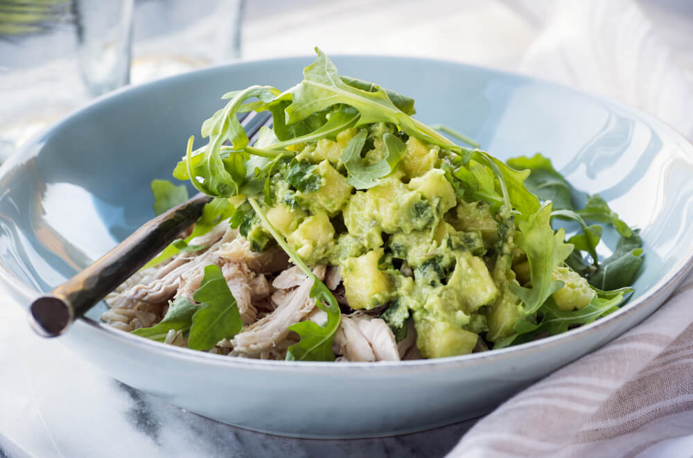 Chicken and rice bowls with guacamole